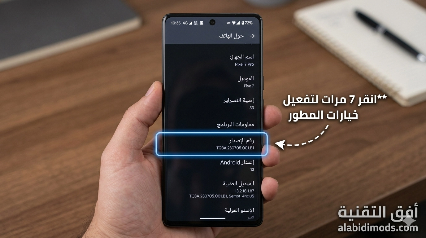 شاشة حول الهاتف في الأندرويد مع إبراز رقم الإصدار لتفعيل خيارات المطور