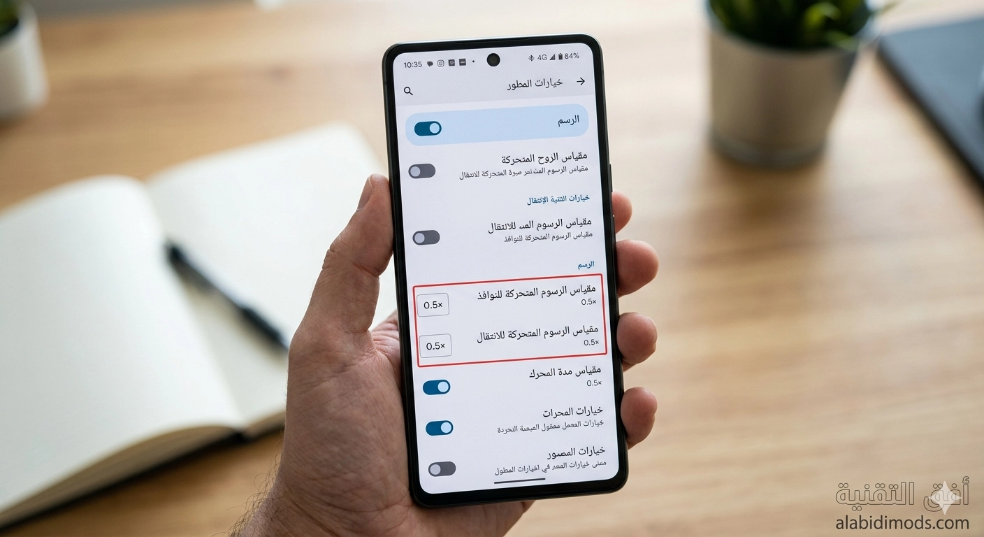 إعدادات خيارات المطور في الأندرويد مع ضبط مقاييس الرسوميات على 0.5× لتسريع الجهاز