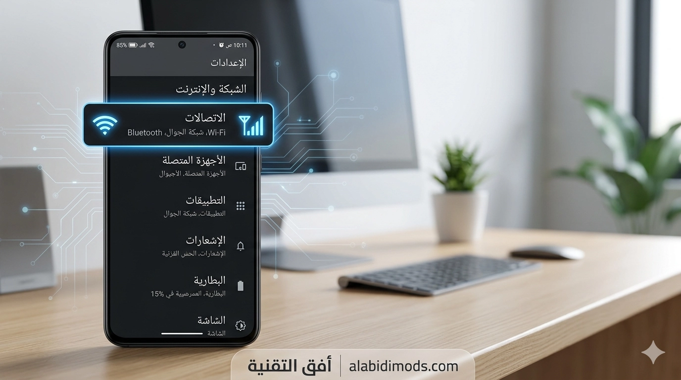 شاشة إعدادات الأندرويد مع إبراز خيار الاتصالات أو الشبكة والإنترنت
