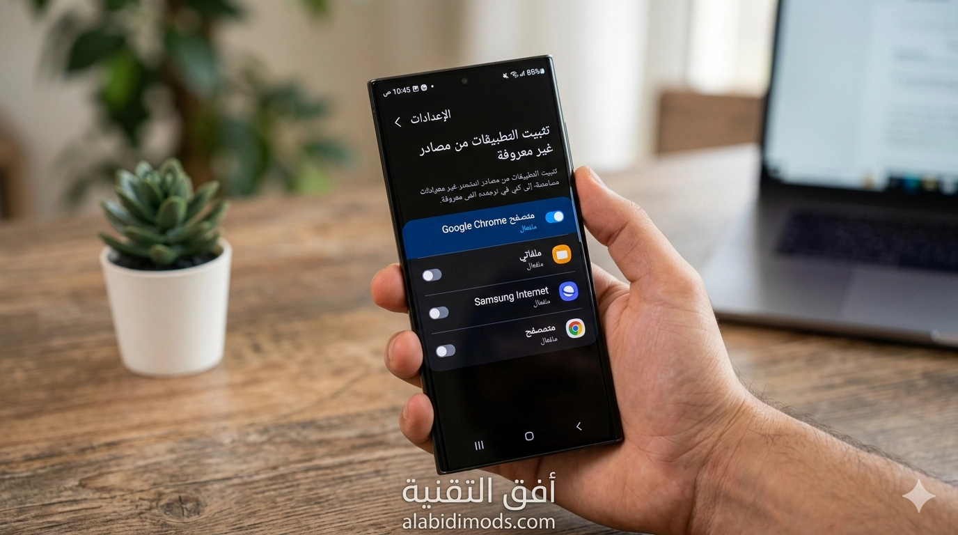إعدادات الأندرويد مع خيار تثبيت التطبيقات من مصادر غير معروفة لتثبيت ملفات APK