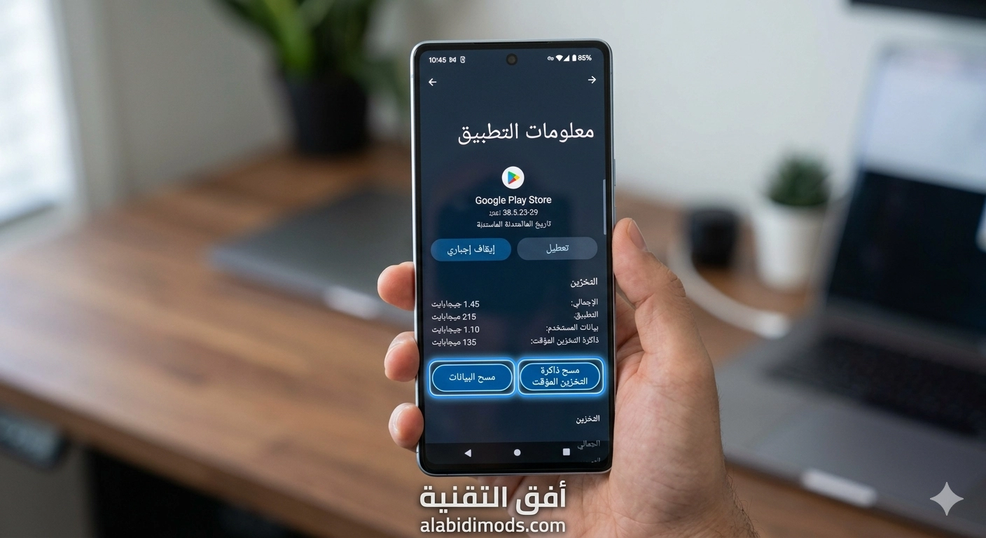 شاشة معلومات تطبيق متجر Google Play مع خيار مسح البيانات لحل مشكلة التثبيت